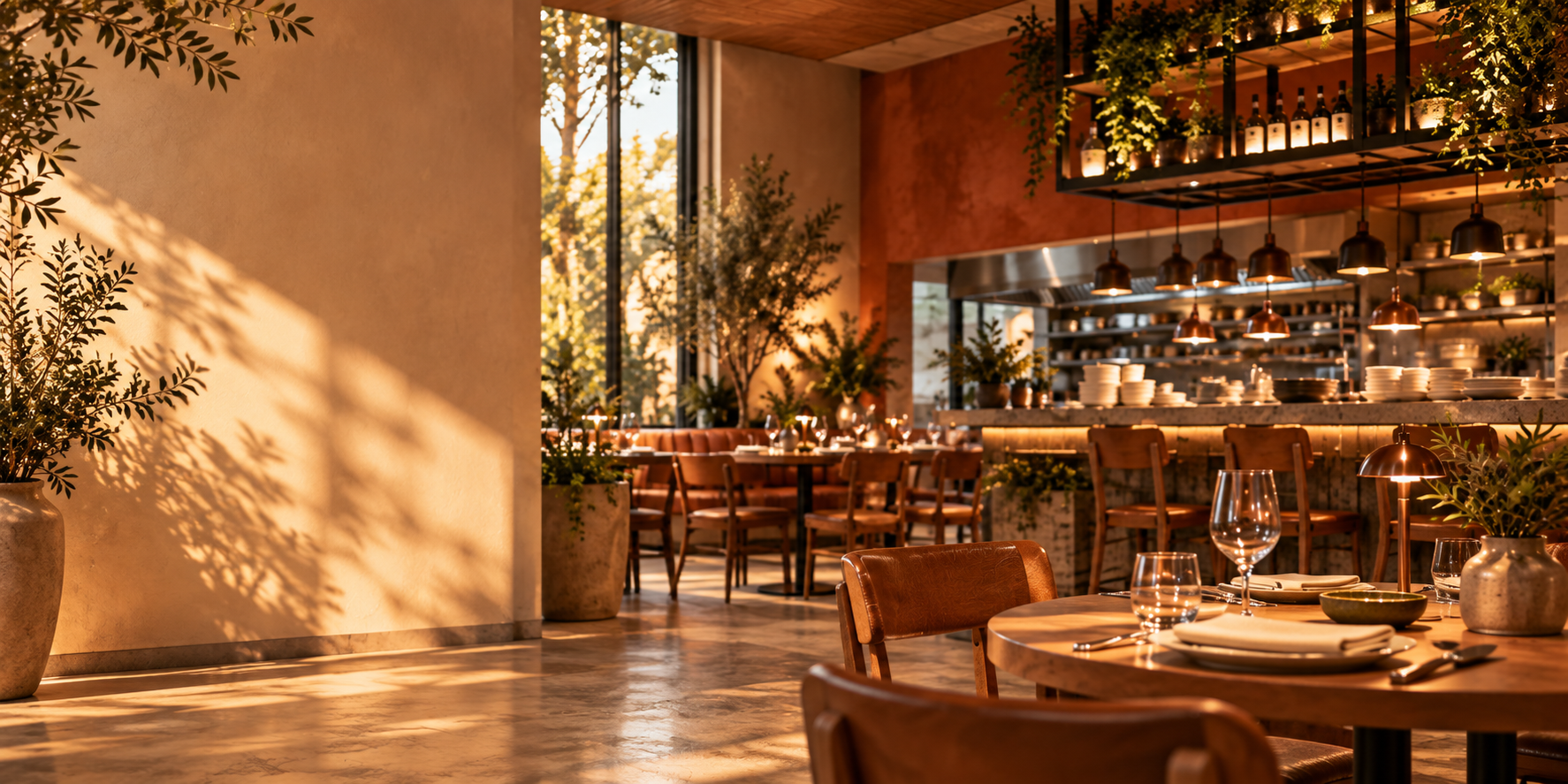 Ambiente de restaurante com salão, bar e cozinha integrada