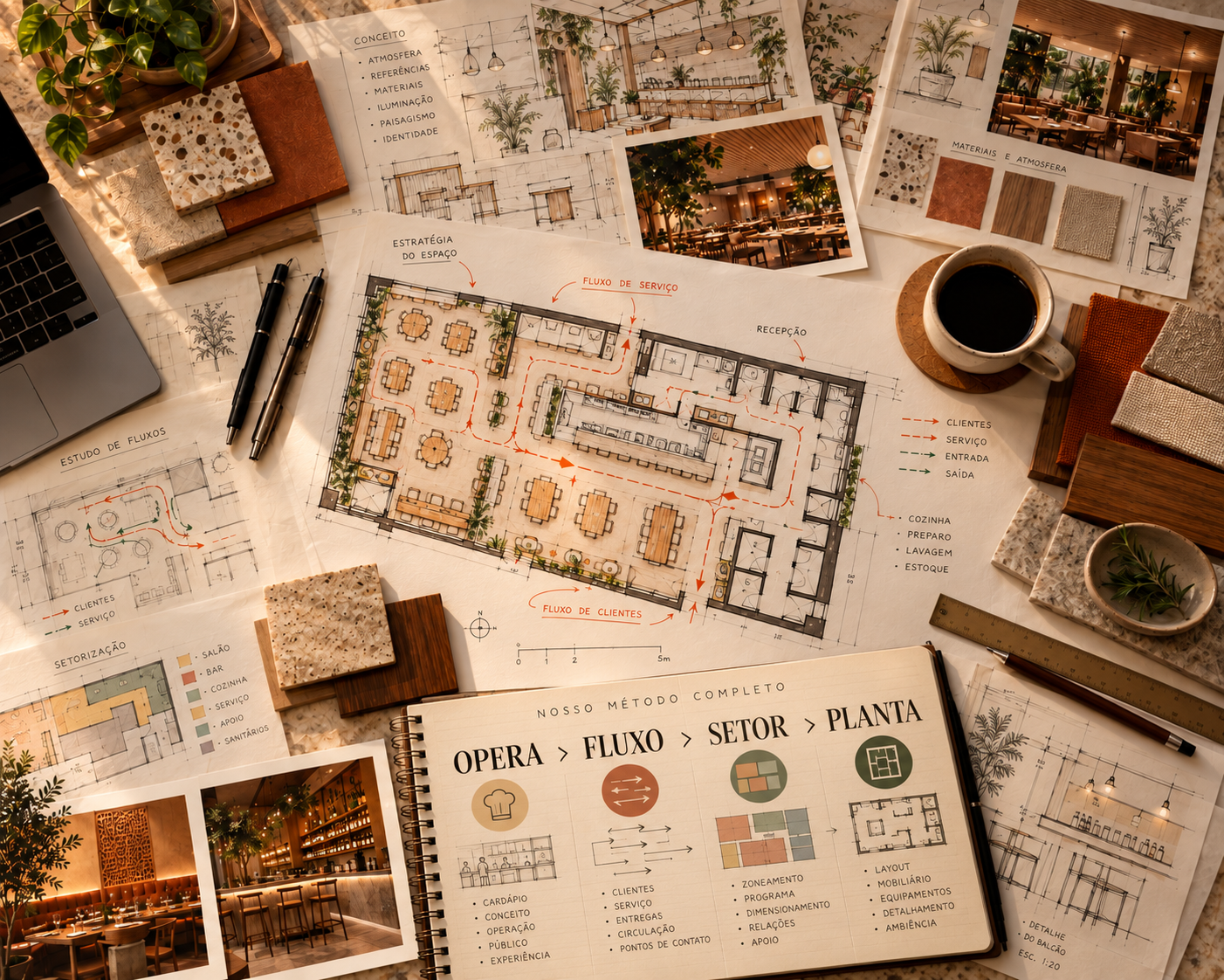 Método OPERA, FLUXO, SETOR e PLANTA em estudos de arquitetura gastronômica