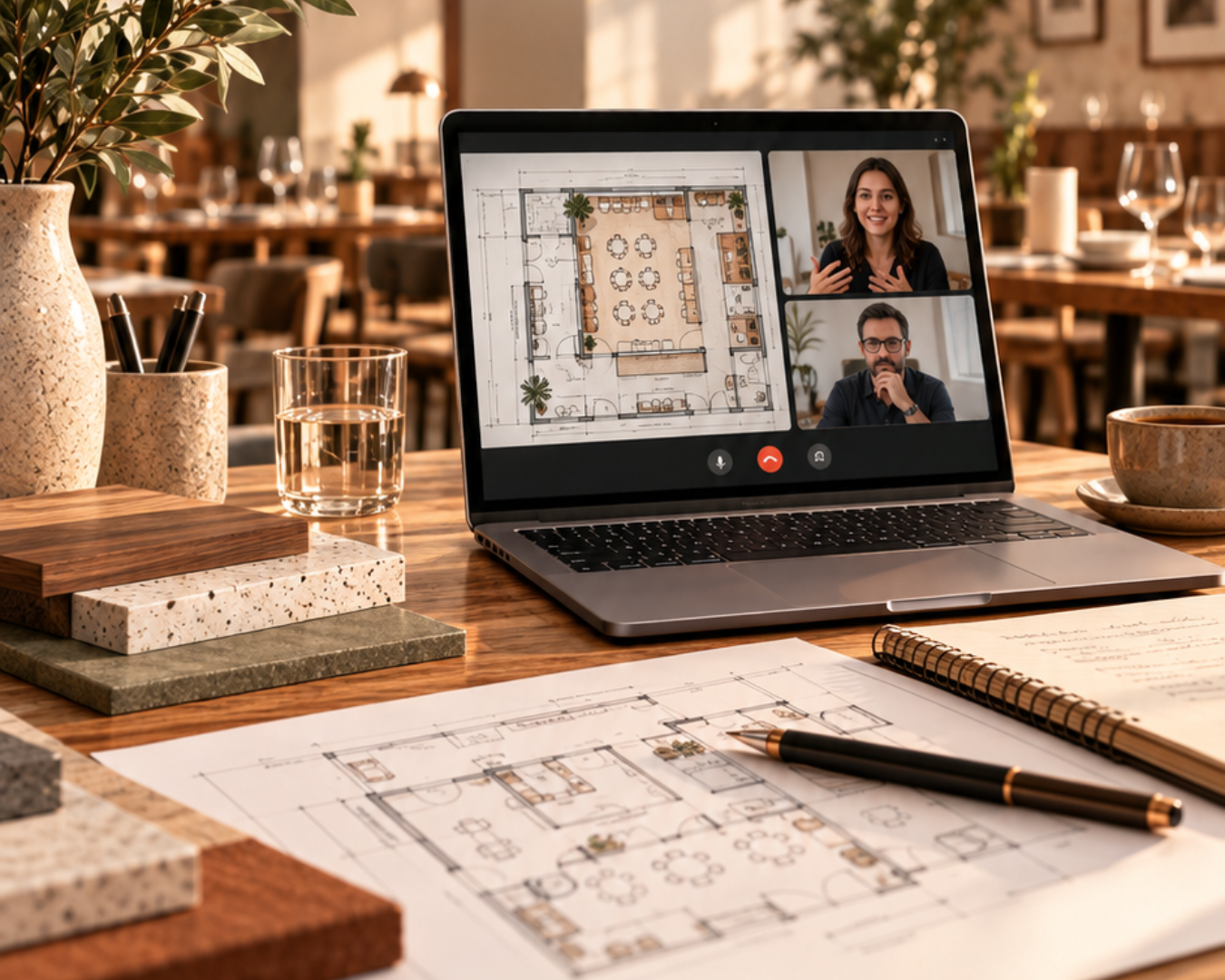 Consultoria de arquitetura gastronômica com análise de planta em videochamada