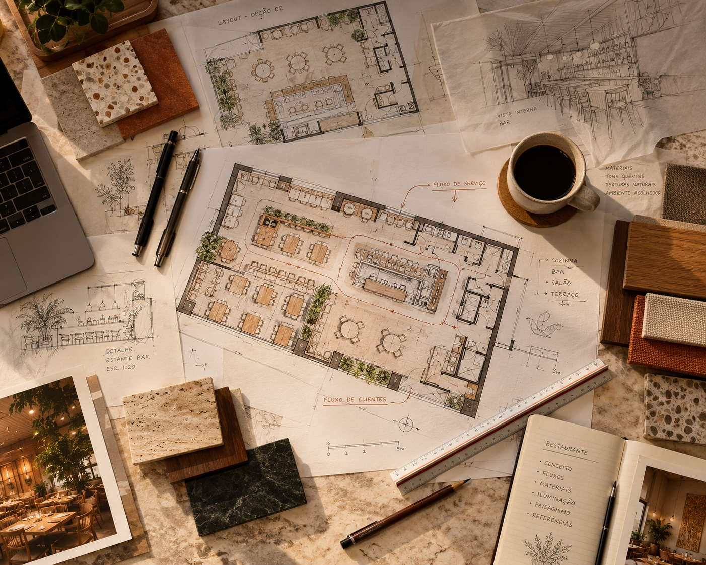 Plantas de restaurante, croquis e amostras de materiais sobre uma mesa de projeto